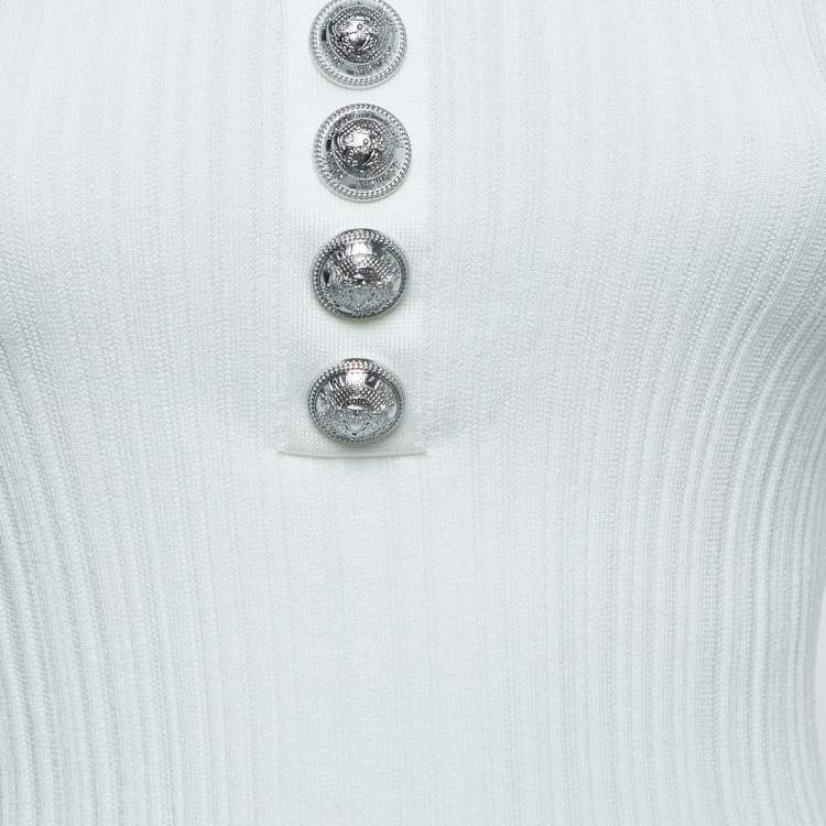 Pre Owned Balmain White Ribbed Knit Scoop-Neck Top S