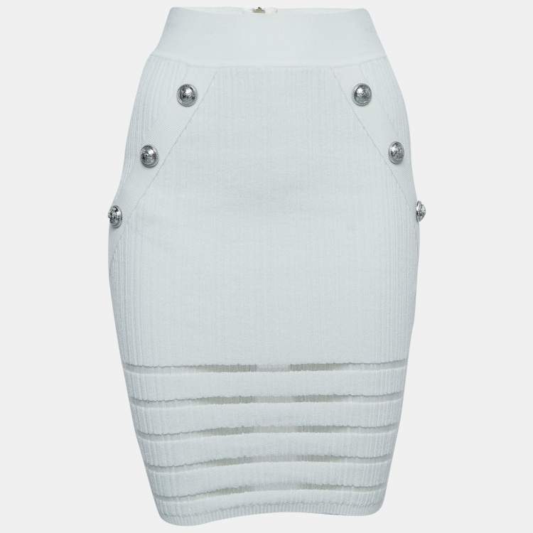 مملوكة مسبقًا Balmain White Rib-Knit Button Embellished Skirt S