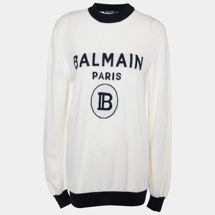 Pre Owned Balmain Off White Logo Wool & Cashmere Knit Contrast Detail Sweater M