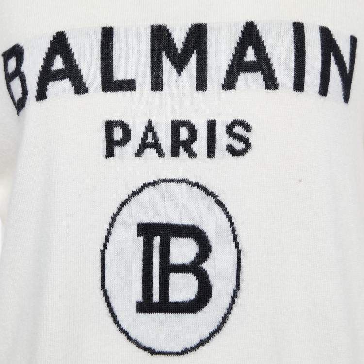 Pre Owned Balmain Off White Logo Wool & Cashmere Knit Contrast Detail Sweater M