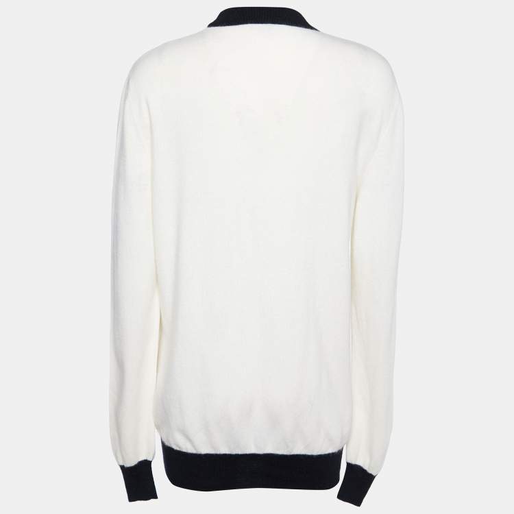Pre Owned Balmain Off White Logo Wool & Cashmere Knit Contrast Detail Sweater M