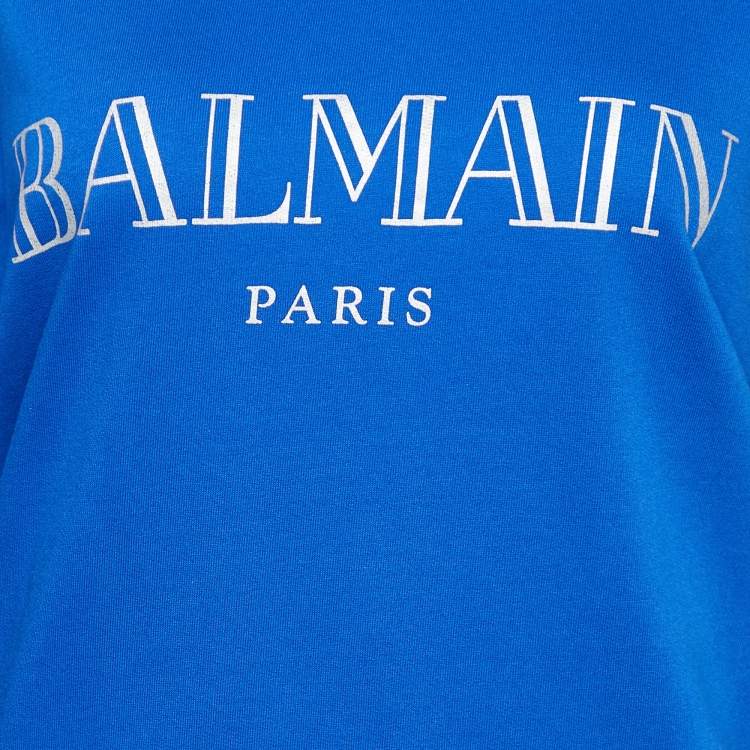 Pre Owned Balmain Blue Logo Printed Cotton Knit Sweatshirt L