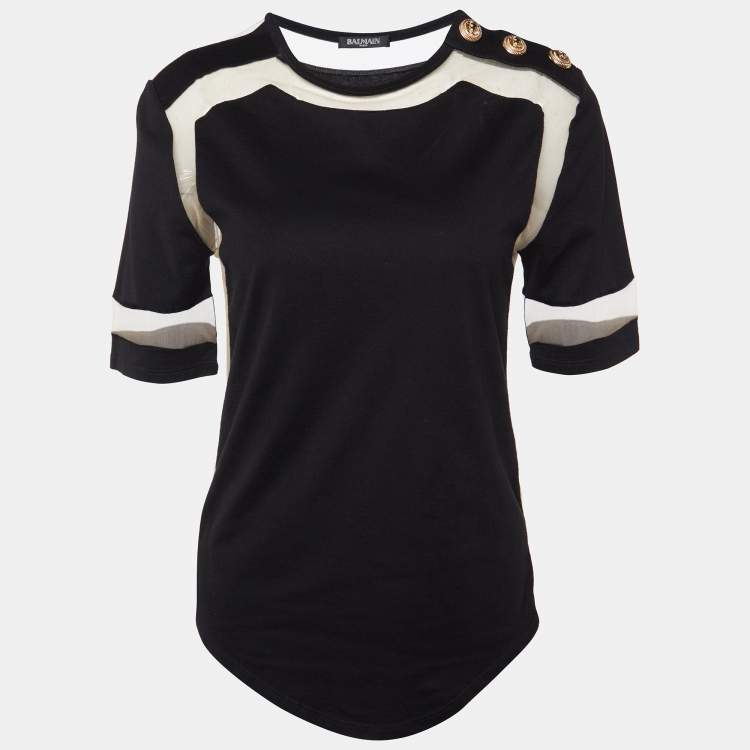 Pre Owned Balmain Black Cotton Knit & Tulle Trim Detail T-Shirt S