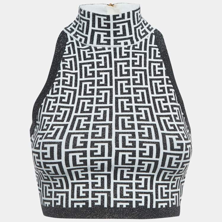 Pre Owned Balmain Monochrome Monogram Jacquard Knit Crop Top S