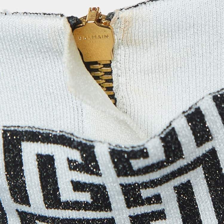 Pre Owned Balmain Monochrome Monogram Jacquard Knit Crop Top S