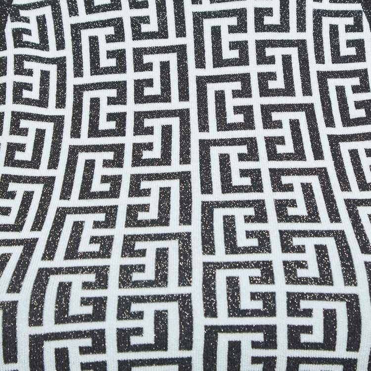 Pre Owned Balmain Monochrome Monogram Jacquard Knit Crop Top S