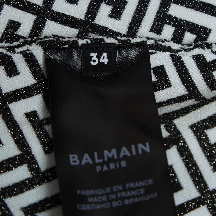 Pre Owned Balmain Monochrome Monogram Jacquard Knit Crop Top S