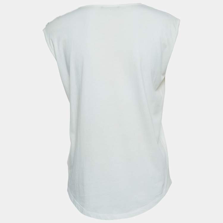 Pre Owned Balmain White Logo Print Distressed Cotton Button Detailed Tank Top M