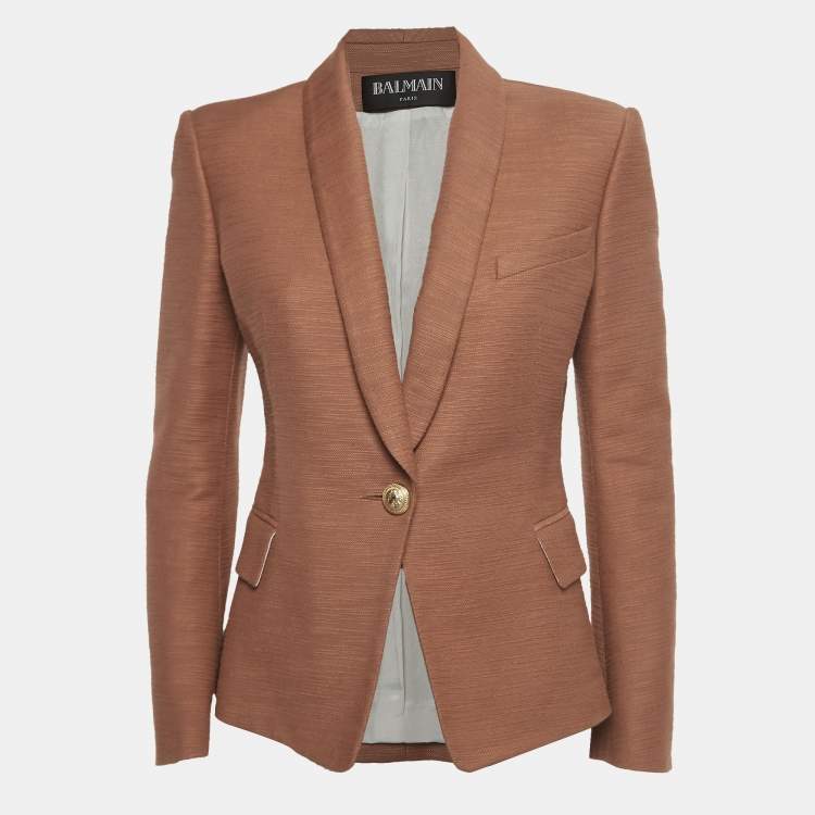 Pre Owned Balmain Peach Orange Textured Cotton Single Breasted Blazer M