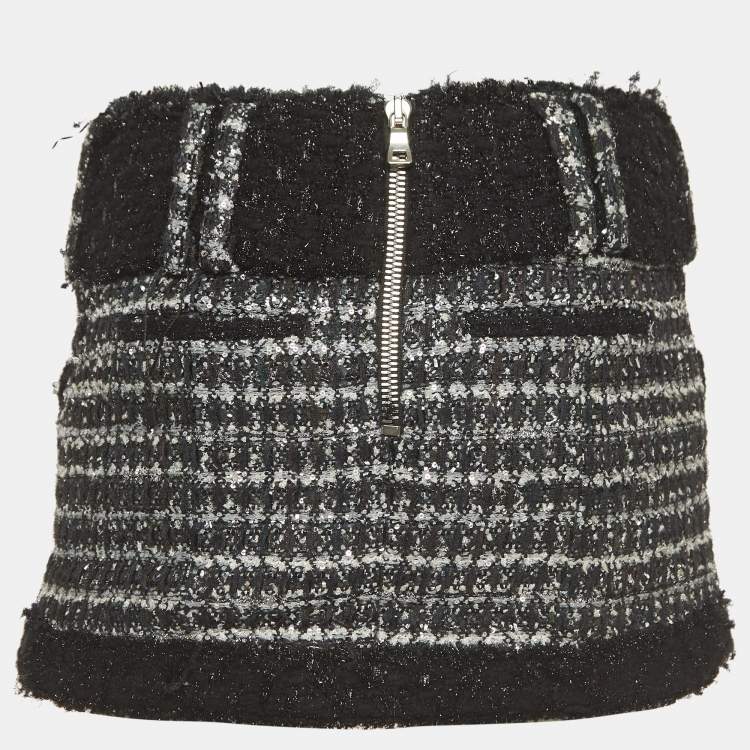 Pre Owned Balmain Black/White Lurex Tweed Belted Mini Skirt S