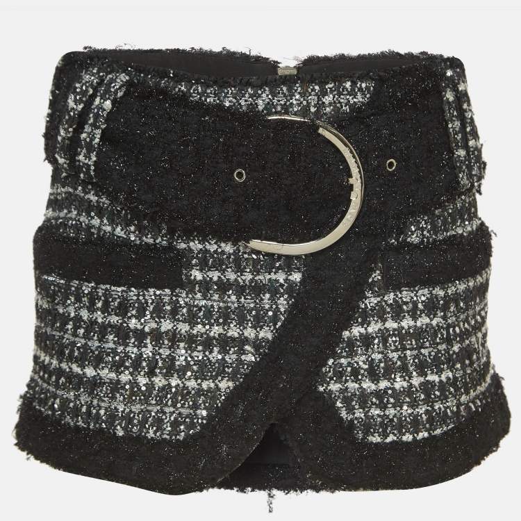 Pre Owned Balmain Black/White Lurex Tweed Belted Mini Skirt S