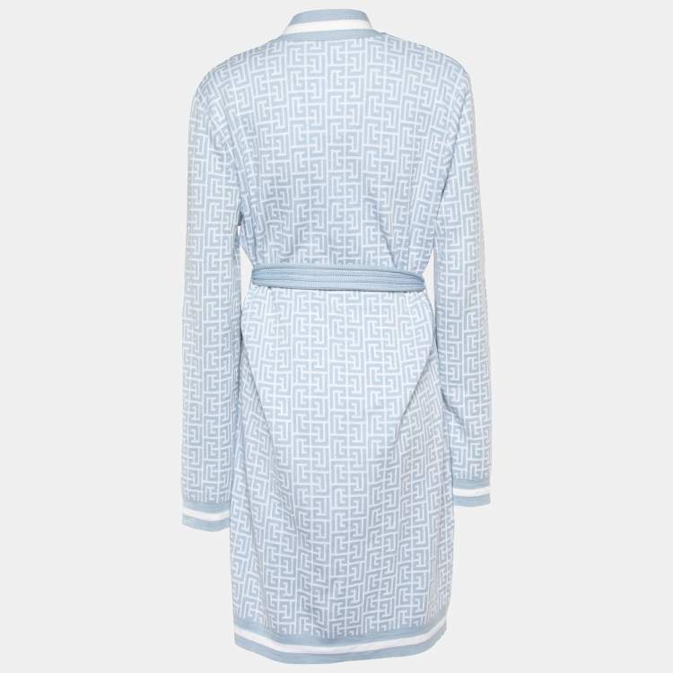 Pre Owned Balmain Blue Monogram Knit Open Front Belted Cardigan M