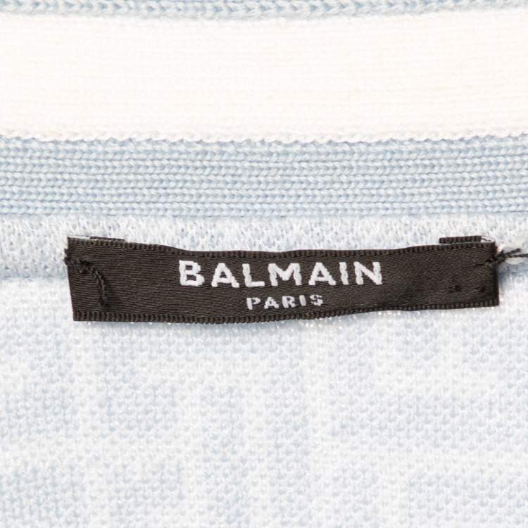 Pre Owned Balmain Blue Monogram Knit Open Front Belted Cardigan M