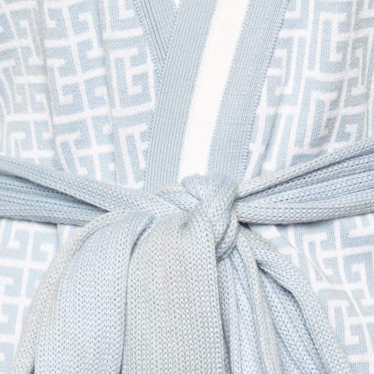 Pre Owned Balmain Blue Monogram Knit Open Front Belted Cardigan M