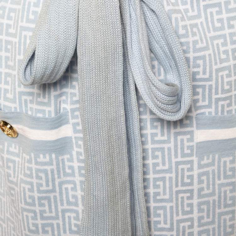 Pre Owned Balmain Blue Monogram Knit Open Front Belted Cardigan M