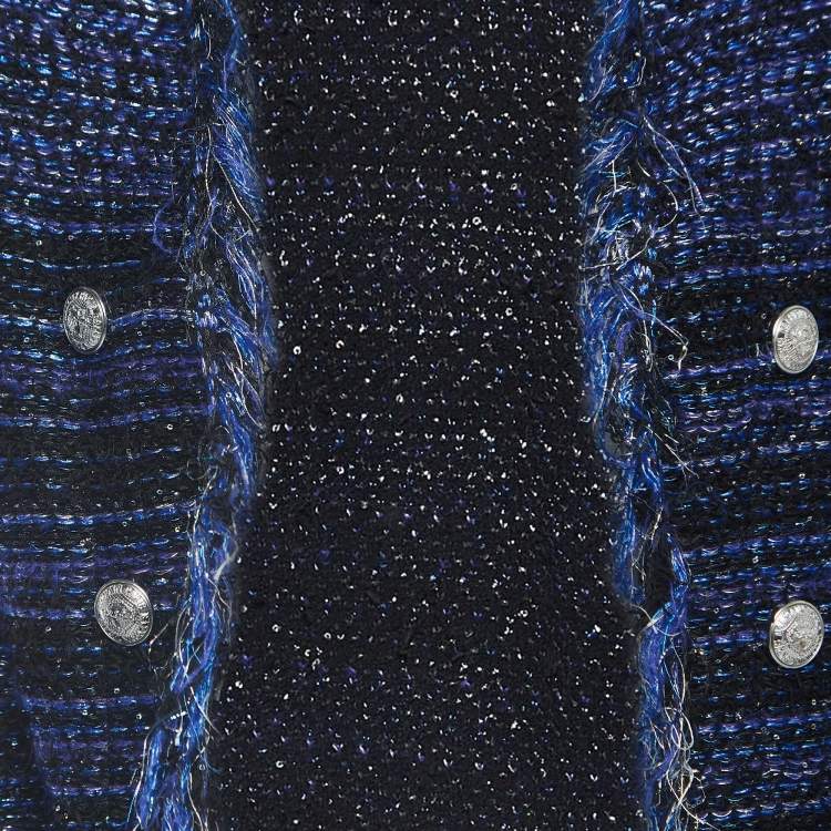 Pre Owned Balmain Blue Lurex Tweed  Fringed Open Front Jacket M