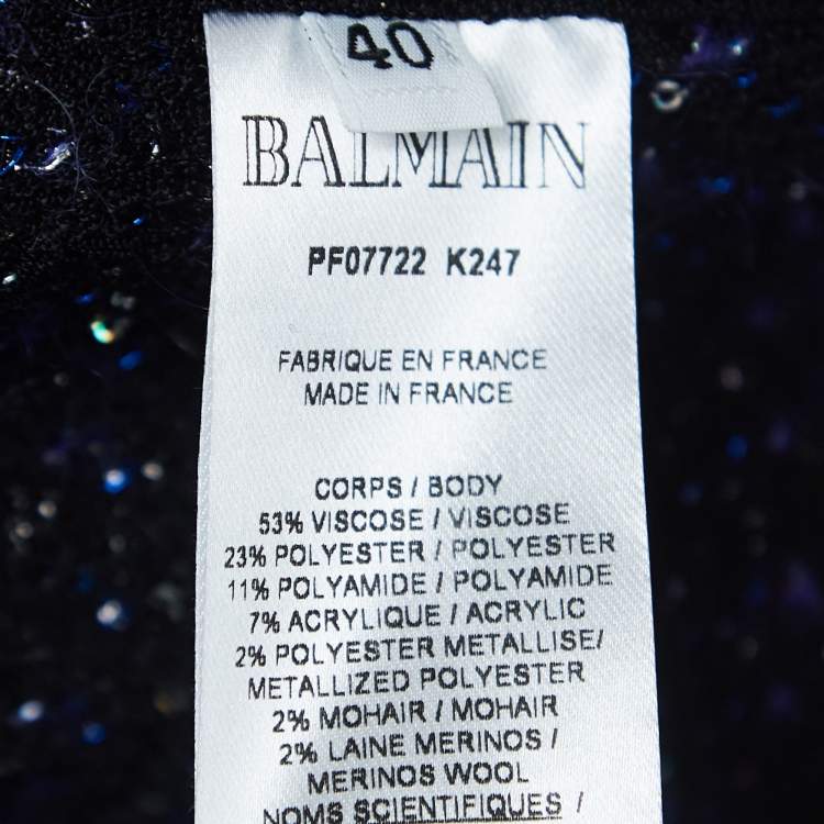 Pre Owned Balmain Blue Lurex Tweed  Fringed Open Front Jacket M