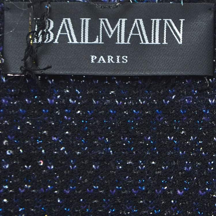 Pre Owned Balmain Blue Lurex Tweed  Fringed Open Front Jacket M