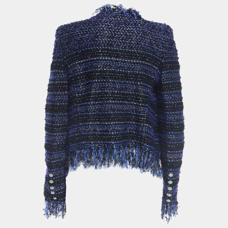 Pre Owned Balmain Blue Lurex Tweed  Fringed Open Front Jacket M