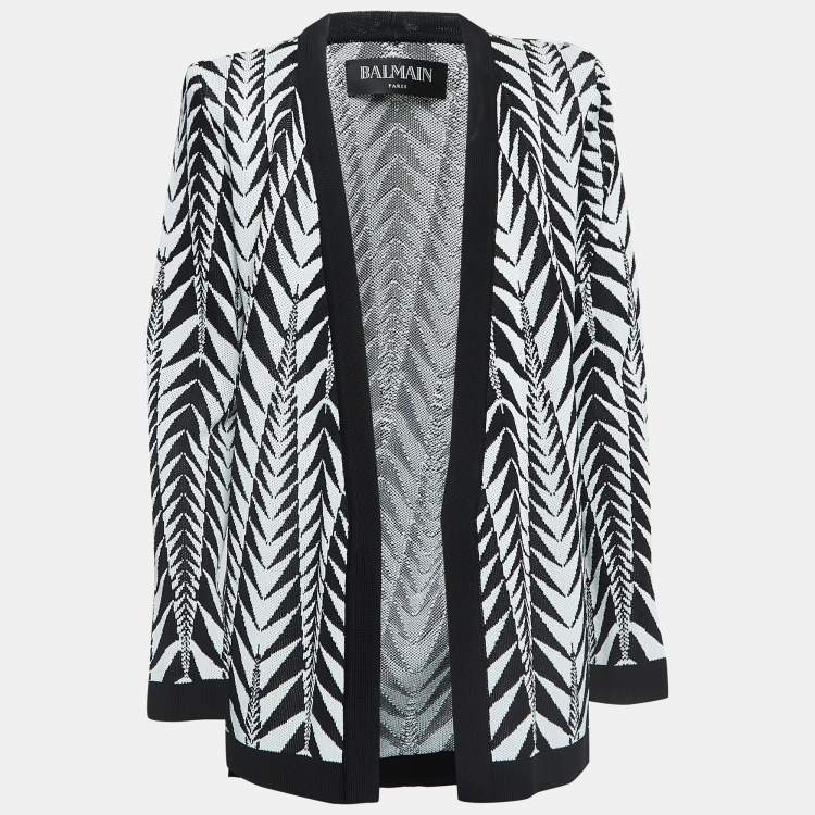Pre Owned Balmain Black/White Patterned Knit Open Front Cardigan L