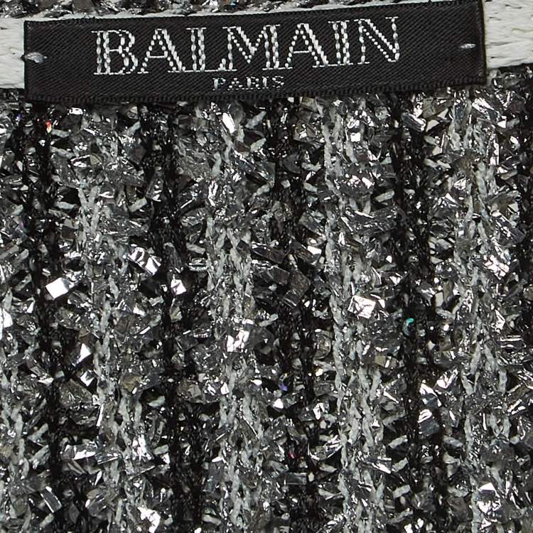 Pre Owned Balmain White/Silver Striped Knit Fringed Open Jacket M