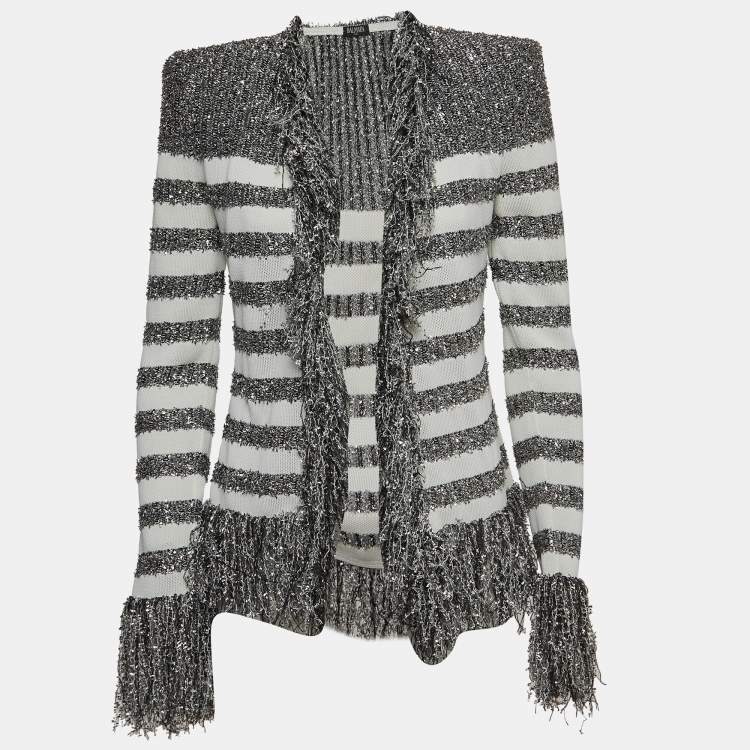 Pre Owned Balmain White/Silver Striped Knit Fringed Open Jacket M
