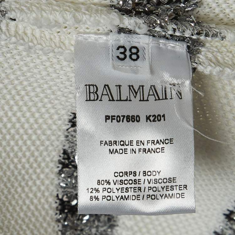 Pre Owned Balmain White/Silver Striped Knit Fringed Open Jacket M
