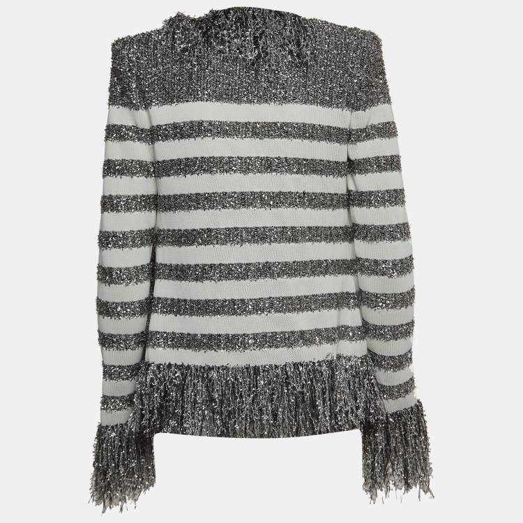 Pre Owned Balmain White/Silver Striped Knit Fringed Open Jacket M