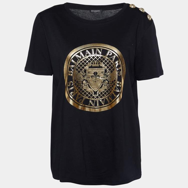 Pre Owned Balmain Black Metallic Logo Print Cotton Crew Neck T-Shirt M
