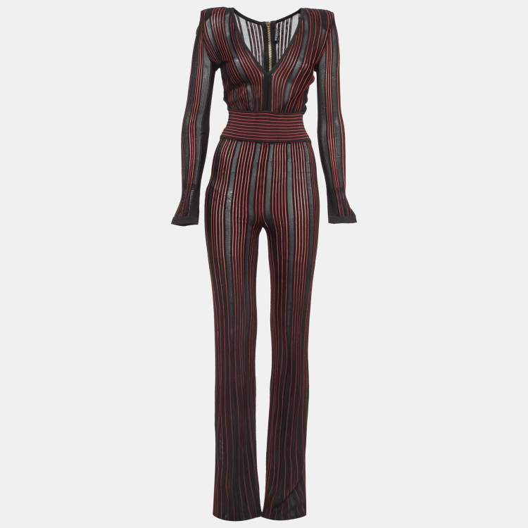 Pre Owned Balmain Black/Red Striped Stretch Sheer Jumpsuit S