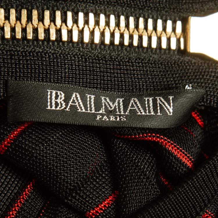 Pre Owned Balmain Black/Red Striped Stretch Sheer Jumpsuit S