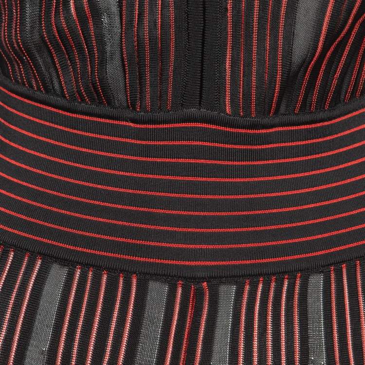 Pre Owned Balmain Black/Red Striped Stretch Sheer Jumpsuit S