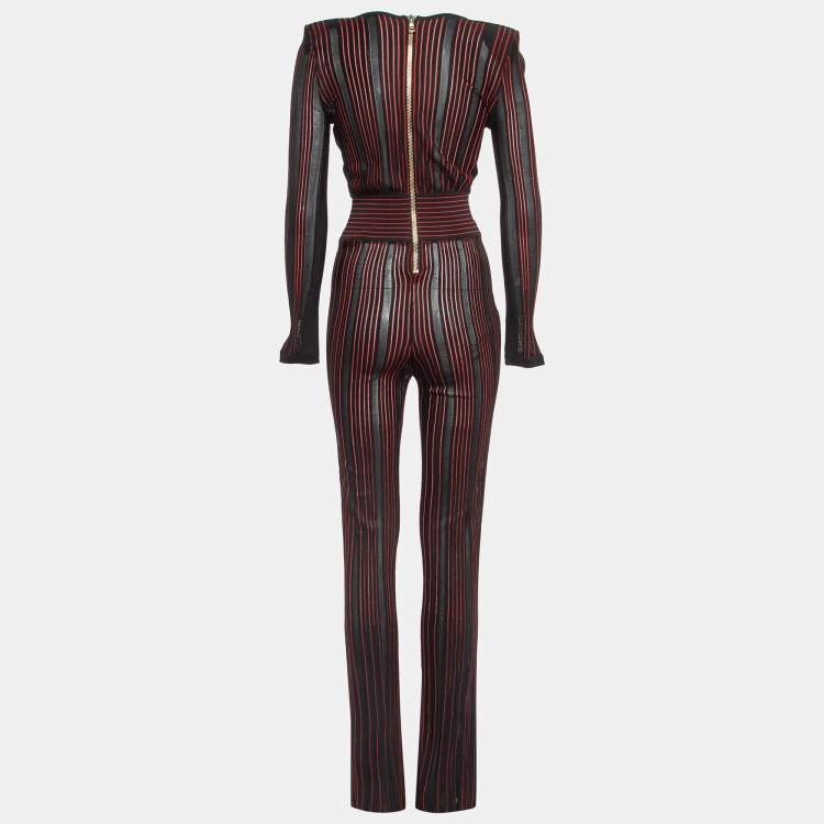 Pre Owned Balmain Black/Red Striped Stretch Sheer Jumpsuit S