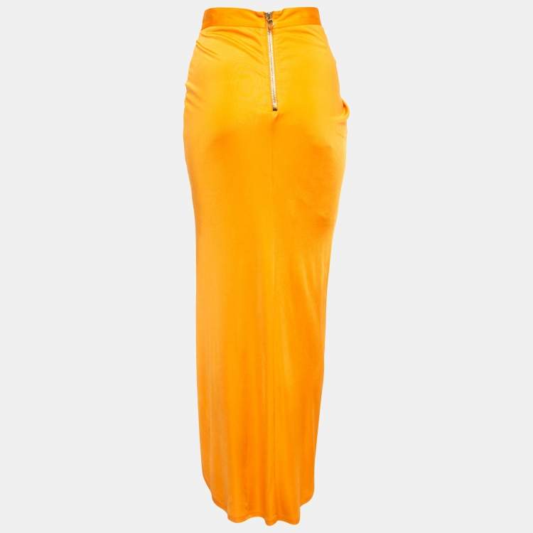 Pre Owned Balmain Orange Jersey High Slit Draped Maxi Skirt S