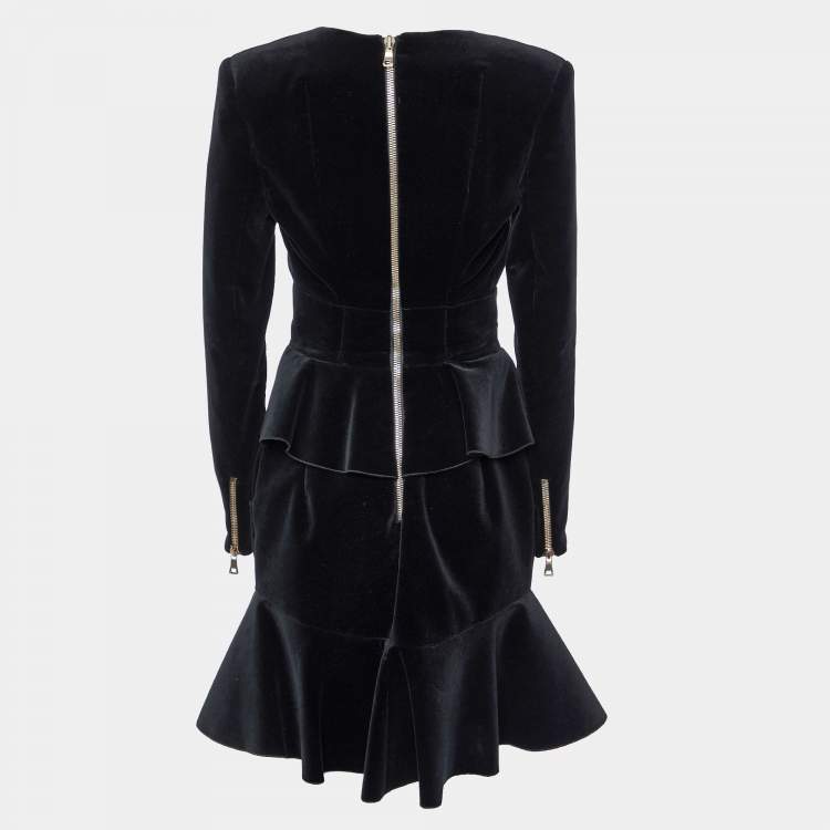 Pre Owned Balmain Black Velvet Ruffle Tiered Knee Length Dress M