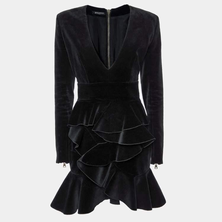 Pre Owned Balmain Black Velvet Ruffle Tiered Knee Length Dress M