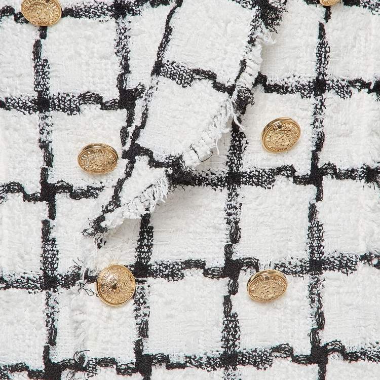 Pre Owned Balmain White/Black Checked Tweed Double Breasted Blazer S