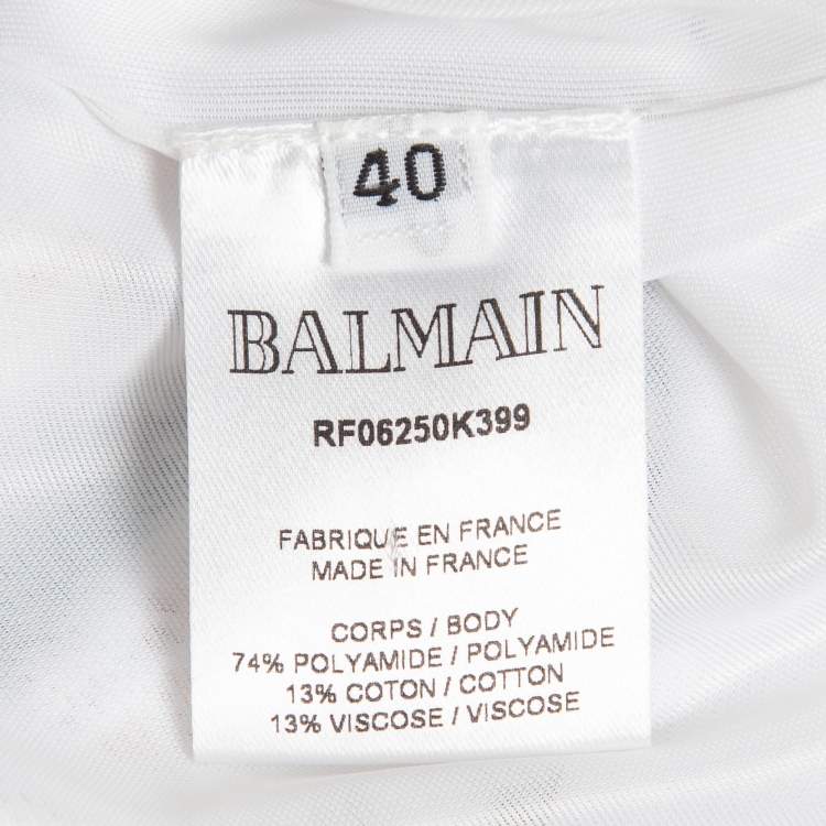 Pre Owned Balmain White/Blue Metallic Bouclé-Tweed Button-Embellished Mini Dress M
