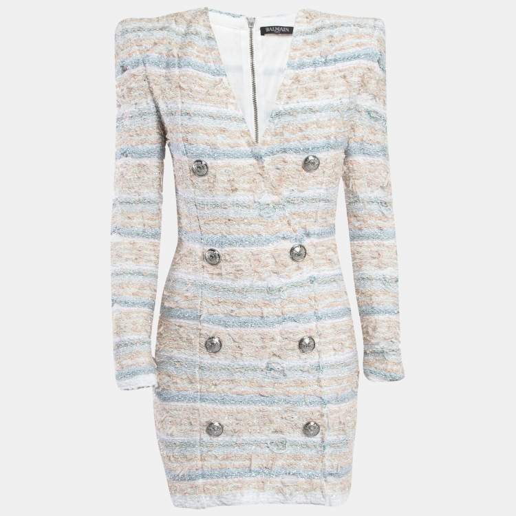 Pre Owned Balmain White/Blue Metallic Bouclé-Tweed Button-Embellished Mini Dress M