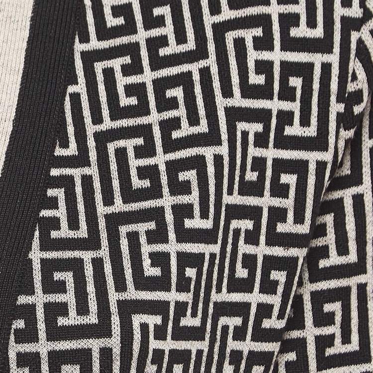 Pre Owned Balmain Black Monogram Jacquard Knit Belted Cardigan S