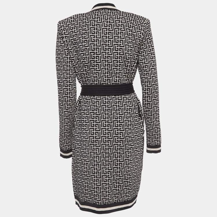 Pre Owned Balmain Black Monogram Jacquard Knit Belted Cardigan S