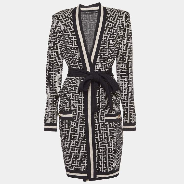 Pre Owned Balmain Black Monogram Jacquard Knit Belted Cardigan S