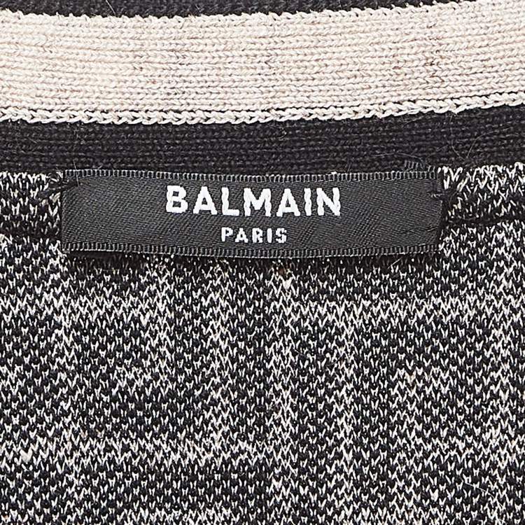 Pre Owned Balmain Black Monogram Jacquard Knit Belted Cardigan S