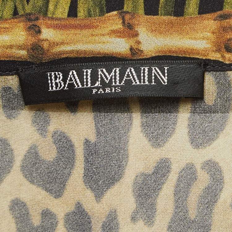 Pre Owned Balmain Green Leopard Print Silk Semi Sheer Shirt M