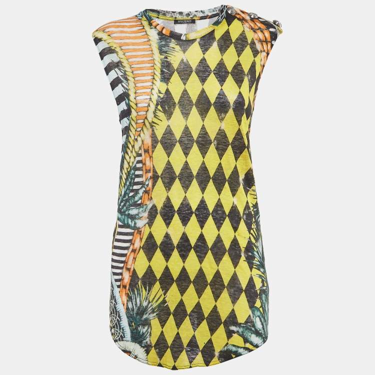 Pre Owned Balmain Vintage Multicolor Printed Linen Knit Buttoned Detail Tank Top M   