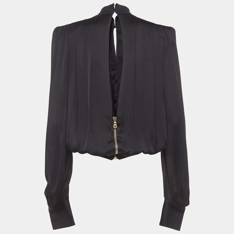 Pre Owned Balmain Black Satin Silk Deep Neck Draped Blouse S