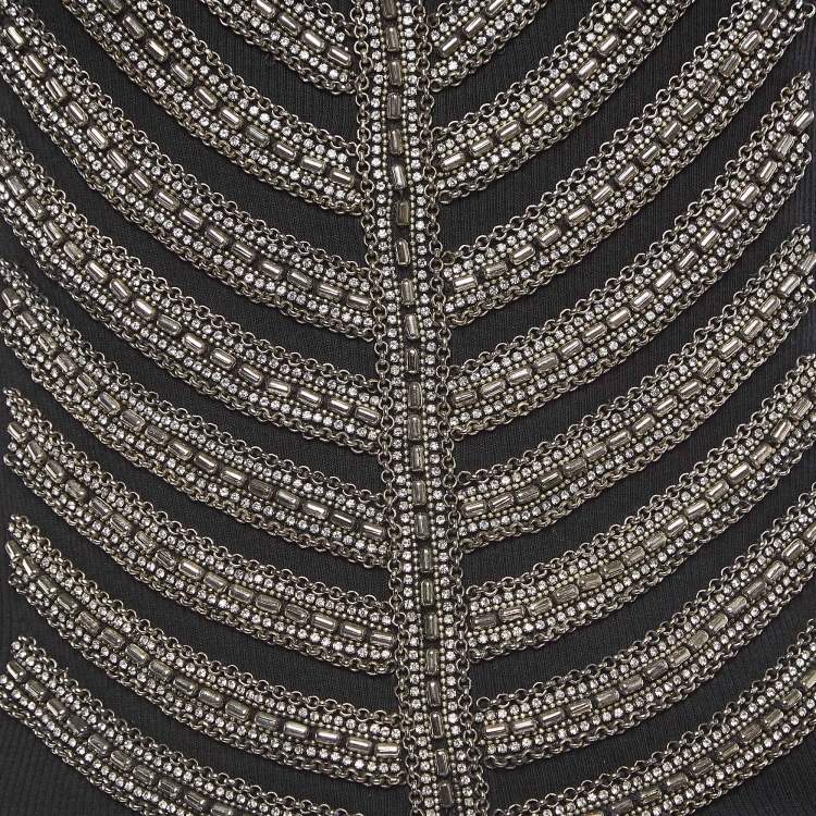 Pre Owned Balmain Black Cotton Knit Metallic Chain and Crystal Embellished Tank Top M