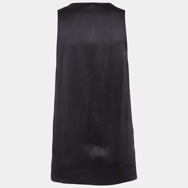 Pre Owned Balmain Black Satin Silk Crystal Embellished Applique Tank Top S