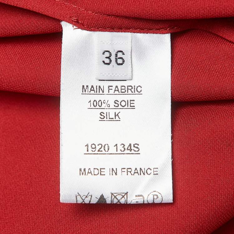 Pre Owned Balmain Red Silk Satin Button Embellished Cuffed sleeve Draped Blouse S