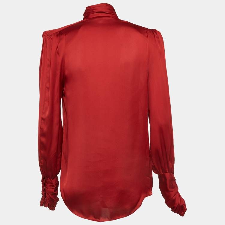 Pre Owned Balmain Red Silk Satin Button Embellished Cuffed sleeve Draped Blouse S